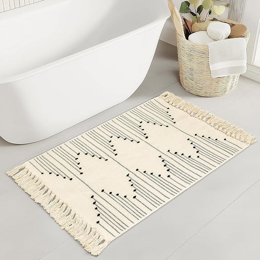 Tritard Boho Bathroom Rug 2x3 - Washable Woven Cotton Throw Rugs with Tassel, Small Aztec Kitchen Area Rug Farmhouse Entryway Bath Door Mat Indoor for Bedroom, Doorway, Laundry, Beige Cream