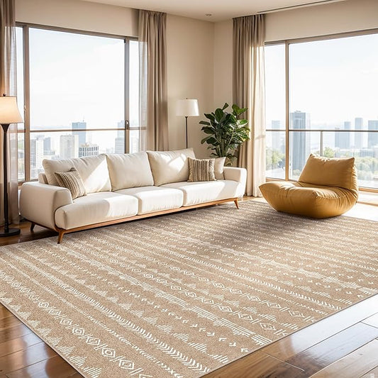 Large Area Rug 8x10 Living Room, Machine Washable 8 x 10 Rug Boho Moroccan Farmhouse Style, Ultra Soft Neutral Indoor Carpet for Bedroom Dining Room Playroom Office, Coffee