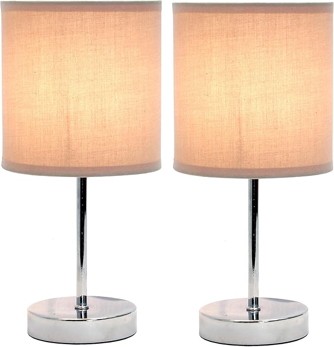 Simple Designs LT2007-GRY-2PK Chrome Mini Basic Table Lamp with Fabric Shade 2 Pack Set, Gray