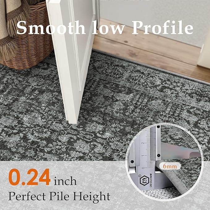 Dark Black Runner Rug 2x8 Hallway Machine Washable Kitchen Vintage Distressed Non Slip Long Carpet Indoor Retro Floral Bedroom Accent Throw Rug for Bathroom Office Laundry Dining Room