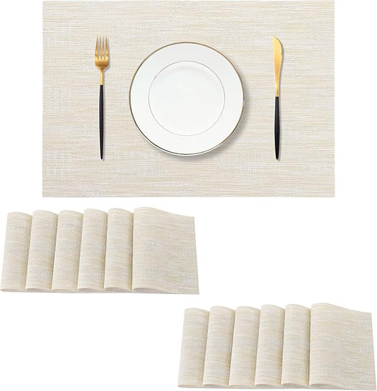Leetaltree Wheat Placemats Set of 12 - Heat Resistant Non-Slip Place mats for Dining Table, Washable Durable PVC Vinyl Woven Table Mats（Wheat, 12）