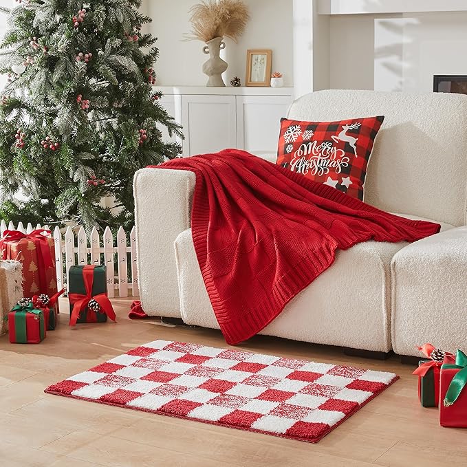 CozeCube Christmas Checkered Bath mats for Bathroom Non Slip, Fluffy Absorbent Microfiber Bath mat Washable, Aesthetic Bathroom Rugs, Cute Bath mat for Shower Sink, Christmas Red, 32" x 20"