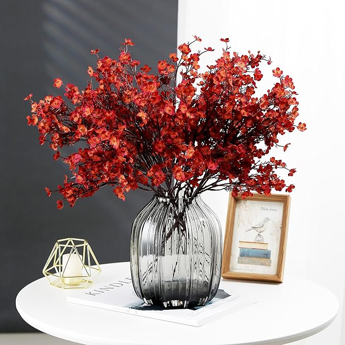 JAKY-Global Babys Breath Silk Artificial Flowers Bulk 6pcs Farmhouse Fall Decor Fake Flower Bouquet Bulk for Home Kitchen Indoor Floral Arrangement Centerpieces Party Decor(Burnt Red Brown)