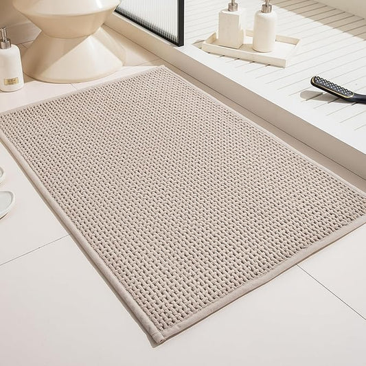 Washable Bathroom Rugs: 32x20 Beige Bath Mat – Non Slip Chenille Bathmat for Bathroom Floor & Shower