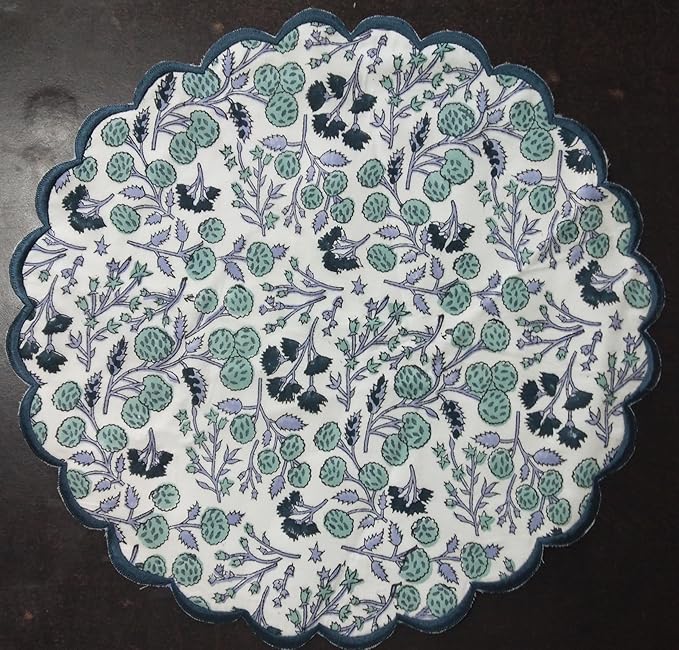Ridhi Bo-ho Round Place Mat Double Layer Floral Cotton Washable Placemats 15" Round Embroidery Block Print Table Mat (Pack of 4-15 Inch Round, Denim Blue)