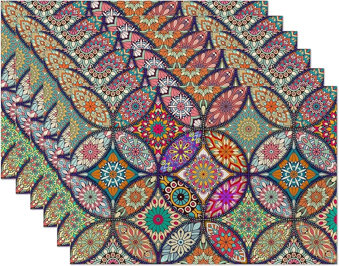 Mandala Flower Placemats Set of 6,Vintage Boho Flower Place Mats Heat Resistant Washable Non-Slip Table Mats for Party Kitchen Dining Decor 12x18 Inch