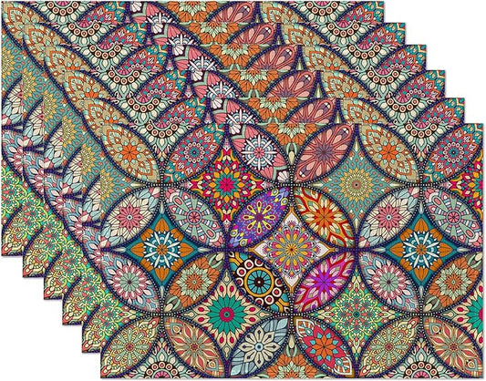 Mandala Flower Placemats Set of 6,Vintage Boho Flower Place Mats Heat Resistant Washable Non-Slip Table Mats for Party Kitchen Dining Decor 12x18 Inch