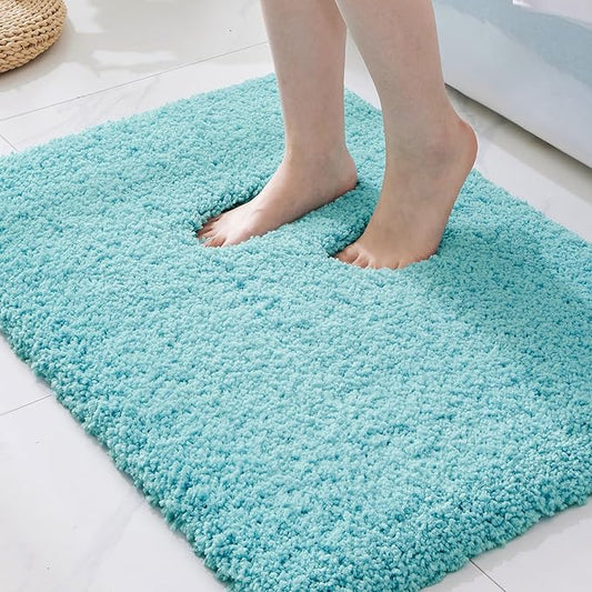 ILANGO Teal Bathroom Rugs 32" × 20" Non Slip & Super Absorbent Extra Thick Soft, Washable Bath Mat for Floor, Microfiber Plush Shaggy Bath Rug with Rubber for Bathtub Shower Room Sink