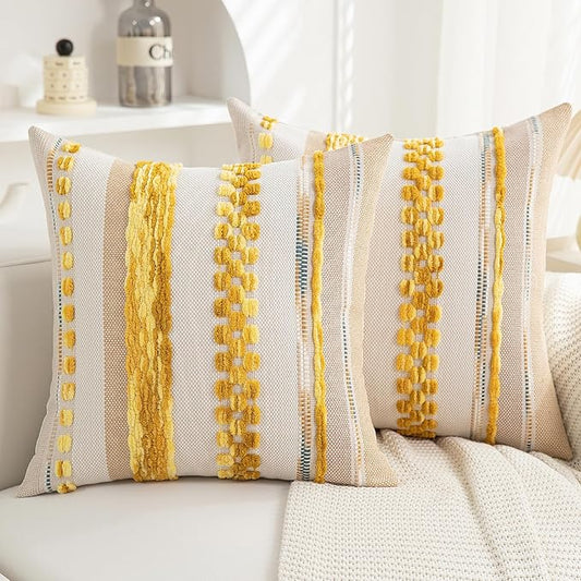 Boho Pillow Covers 18x18 Set of 2 for Couch-Modern Farmhouse Sofa Decorative Throw Pillow Covers Textured Chenille Cushion Covers Outdoor Netural Bohemian Pillow Cases Square