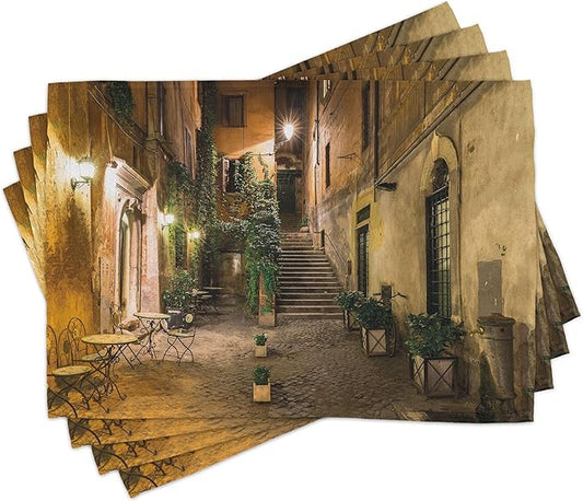Ambesonne Italian Place Mats Set of 8, Old Courtyard Rome Italy Cafe Chairs City Historic Houses in Street, Washable Fabric Placemats for Dining Table, Placemat 8 pcs, Orange Brown