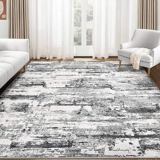 Area Rugs for Living Room: 6x9 Abstract Washable Rug Modern Neutral Large Soft Stain Resistant Non-Slip Backing Machine Table for Bedroom Dining Room Indoor Home Office Carpet - Black Grey
