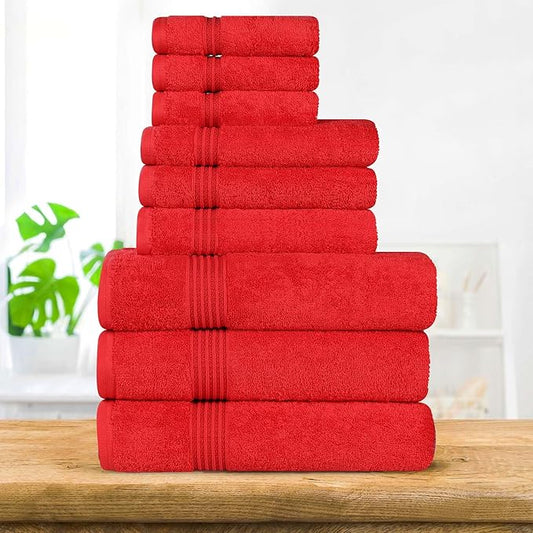 Superior Egyptian Cotton 9-Piece Towel Set, Assorted Towels for Home Bathroom, Master, Guest Bath, Decor Essentials, Includes 3 Bath, 3 Hand, 3 Face Towels/Washcloths, Quick Dry, Absorbent, Red
