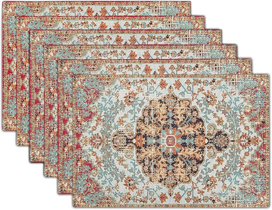 Ethnic Boho Placemats Set of 6 Bohemian Carpet Vintage Black Coral Floral Linen Washable Kitchen Dining Table Mats Stain Heat-Resistant Desktop Decor Place Mats for Home Party Indoor 12x18 in