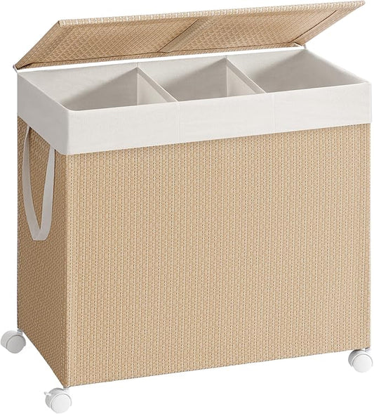 SONGMICS HOME Laundry Hamper with 3 Section, Large 140 L Rolling Laundry Basket with Wheels, Rattan Clothes Basket with Lid, Removable Liner with Handles, Natural Beige and Matte White ULCB602N01