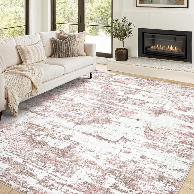 Area Rugs for Living Room: 8x10 Abstract Washable Rug Modern Neutral Large Soft Stain Resistant Non-Slip Backing Machine Table for Bedroom Dining Room Indoor Home Office Carpet - Pink