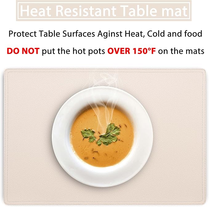 Set of 4 Faux Leather Placemats, PU Table Mats, Waterproof, Stain Resistant, Heat Resistant, Non-Slip Easy to Clean for Kitchen Dining Table,Conference Table C Beige Rectangle