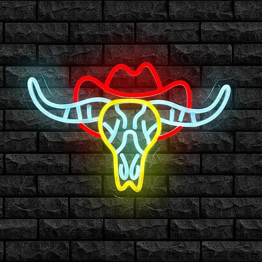 Bull Skull Neon Sign for Wall Decor,Dimmable LED Neon Light Cowboy Bull Sign for Bedroom Living Room Pub Bar Party Gaming Room Neon Bar Sign