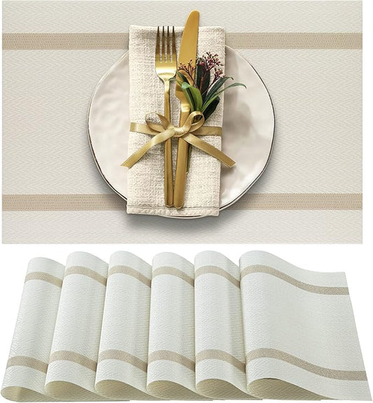 More Décor Dining Table Placemats, Washable Heat-Resistant PVC Vinyl Table Mats for Dining Room and Kitchen, Anti-Slip - Set of 6 - Ivory