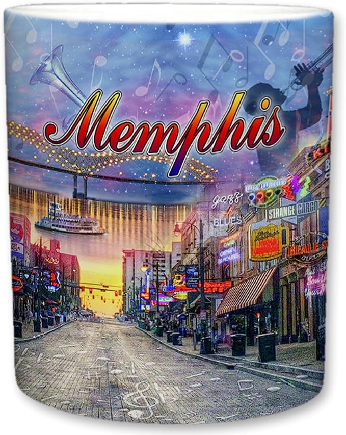 Sweet Gisele City of Memphis Inspired Mug, Ceramic Coffee Cup, Downtown Streets, Home of the Blues, Music Note Accents, Colorful Detailing, Nightlife Scenery, Great Novelty Gifts 11 Fl Oz