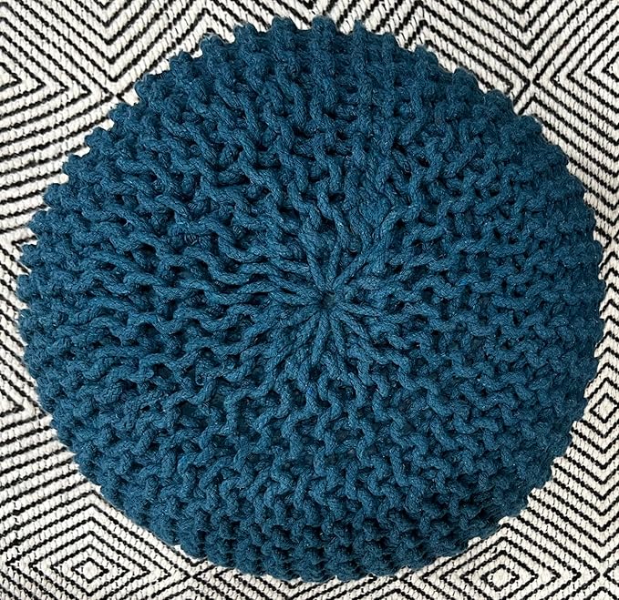 FRELISH DECOR Round Pouf Ottoman Hand Knitted 100% Cotton Pouf Foot Stool - Knitted Bean Bag - Floor Chair for Living Room Bedroom - Foot Rest for Couch (20 Diameter x 14 Height) - Teal