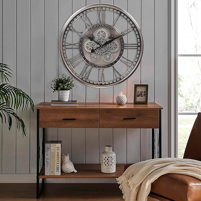 CLXEAST 28 Inch Original Real Moving Gear Wall Clock Roman Numerals,Oversized Large Wall Clocks for Modern Farmhouse Living Room Home Decor,Brushed Gunmetal