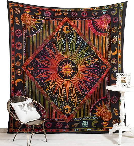 Popular Handicrafts Wall Hanging Tapestry For Bedroom Burning Hippie Sun and Moon Meditation Bohemian Hippy Psychedelic Design Indian Tapestries Bedspread 84 x 90 Inches (215cm x 230cm) Rose