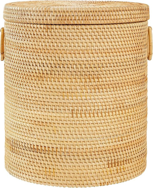 Rattan Laundry Hamper With Lid, Round Wicker Large Hampers For Laundry With Liner Bag and Handles for Organizing Clothes Kids Toys Books (15.7" L×15.7"W×17.3"H）