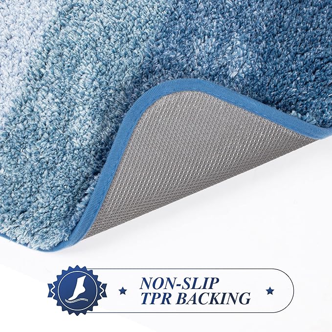 Walensee Non Slip Bath Mat (16 x 24, Ombre Blue) - Soft Microfiber Shaggy Mat, Machine Washable, Thick Plush for Shower
