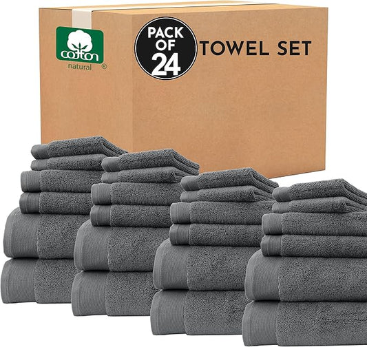 California Design Den Bulk Pack of 24 Pc Towel Set - 100% Cotton, Quick-Dry, Highly Absorbent, Includes 8 Bath Towels, 8 Hand Towels & 8 Washcloths, Premium Towels for Hotel, Spa & Bathroom (Grey)