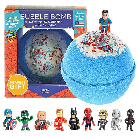 Superhero Bath Bombs for Kids & Boys with Surprise Hero Toys Inside (1 Pack) - Large Bubble Bomb for Boys & Girls - Fruity Scent, Relaxing, Gift for Children, Made in USA by Two Sisters