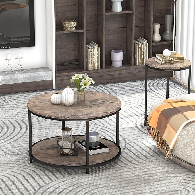 NSdirect Round Coffee Table, 25.6" Small Wood Coffee Table for Living Room, Rustic Modern Farmhouse Style, 2-Tier Storage Shelf Compact Space-Saving Design for Small Spaces, Walnut