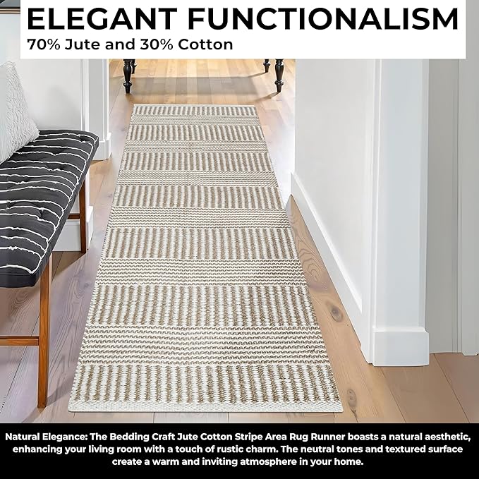 Bedding Craft Jute Cotton Stripe Area Rug Runner for Living Room 24x72 Inch - Natural Ivory - Machine Washable 2x6 Feet Rugs - 70% Jute and 30% Cotton