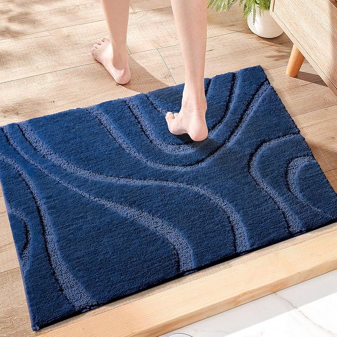 DEXDE Bathroom Rugs Mat,Soft Plush Shaggy Microfiber Bath Rug Non Slip Bath Mats for Bathroom Floor,Machine Washable Absorbent Carpet for Shower Tub,Navy Blue 24"x36"