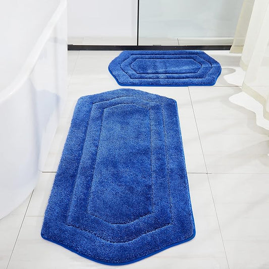 COSY HOMEER Extra Thick Bath Rugs Sets for Bathroom - Anti-Slip Bath Linen Sets Mats Soft 100% Strong Polyester Living Room Bedroom Water Absorbent(Blue,20x32+24x48 -Inches)