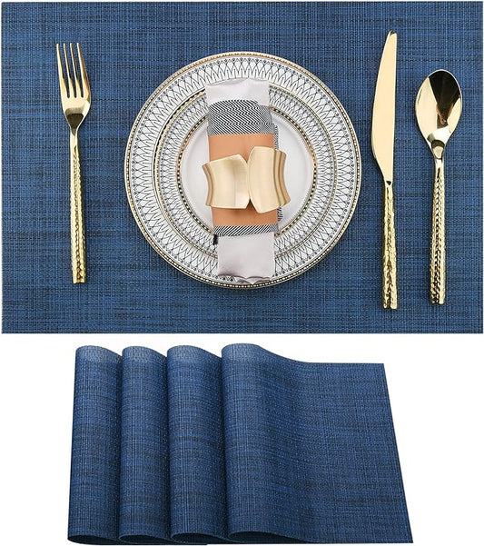Navy Blue Placemats Set of 4 - Easy Clean Washable Vinyl Placemats - Wipeable Heat Resistant Table Mats for Dining Table - 17x12 Inch (Navy Blue, 4)