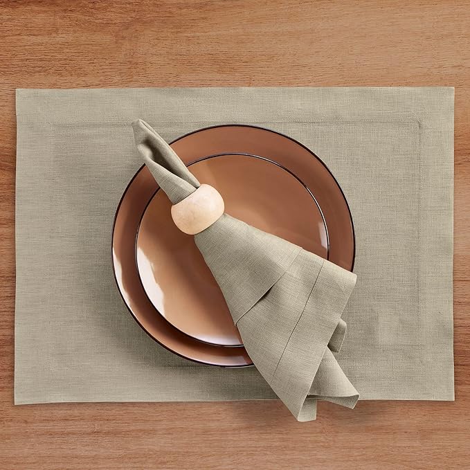 Solino Home Linen Placemats Set of 4 - Vintage Khaki Placemats 14 x 19 Inch - 100% Pure Linen Table Place Mats for Summer - Fete