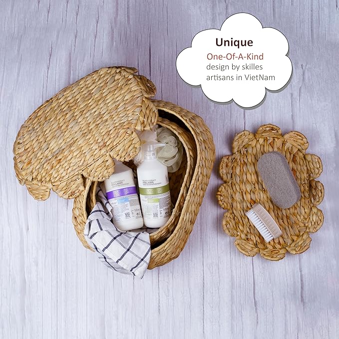 Round Wicker Storage Baskets with Lid, Rattan Basket Decorative Boxes, Woven Storage Box Hyacinth Basket with Lids, Scalloped Edge Wicker Basket with Lid, Set of 2