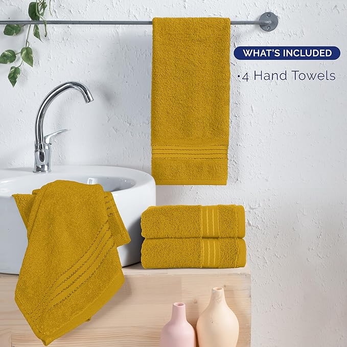 Elegant Comfort Premium Turkish Cotton 4 Pack Hand Towel Set - 16 x 28 inch, Luxurious Hotel Spa Quality 100% Turkish Cotton 4PC Hand Towel Set - Highly Absorbent - Soft Bathroom Towels, Gold