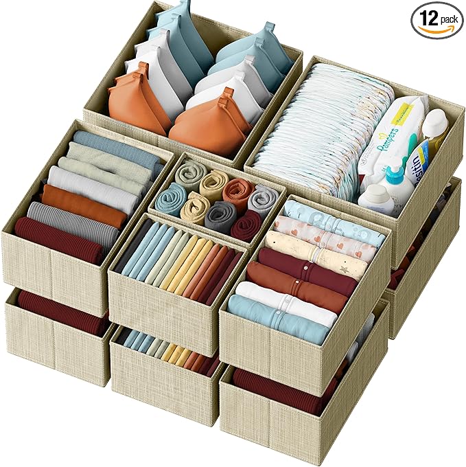 Drawer Organizer Clothes Set of 12 Beige - Dresser Organizer For Nursery, Bedroom, Closet - The Perfect Baby Clothes Organizers and Storage & General Nursery Organization or Dresser Drawer Organizers