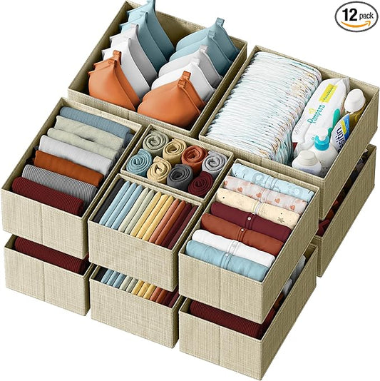 Drawer Organizer Clothes Set of 12 Beige - Dresser Organizer For Nursery, Bedroom, Closet - The Perfect Baby Clothes Organizers and Storage & General Nursery Organization or Dresser Drawer Organizers