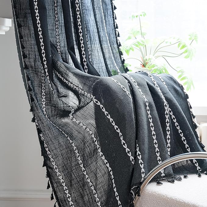 Sutuo Home Boho Curtain for Bedroom, Semi Blackout Linen Farmhouse Shabby Chic Tassels Window Treatment Bohemian Embroidery Drape for Halloween Decor, Rod Pocket 1 Panel 52" W x 84" L, Black