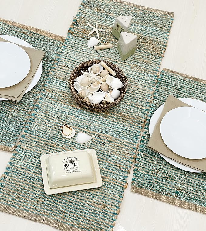 Chardin home | Natural Jute Table Runner | 13x36 Rustic Farmhouse Table Runner | Table Runner Colors - Natural Jute and Aqua Turquoise.