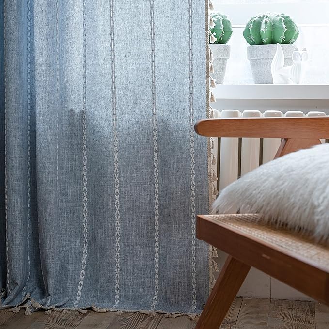 Sutuo Home Boho Curtains for Bedroom 63 Inch Length, Light Filtering French Country Farmhouse Vintage Shabby Chic Tassels Window Treatment Bohemian Drape, 1 Panel 52" W x 63" L, Blue