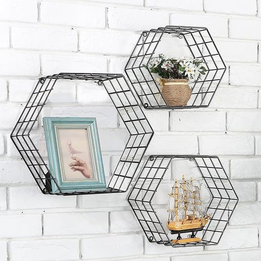 MyGift Black Metal Wall Mounted Crystal Display Shelf, Modern Wire Decorative Floating Shelves for Bedroom Living Room Office, Set of 3