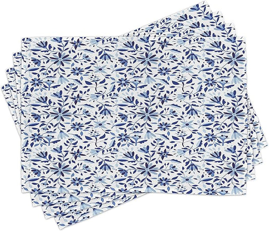 Ambesonne Indigo Place Mats Set of 8, Modern Minimalist Spring Time Flowers Swirls Leaves Image, Washable Fabric Placemats for Dining Table, Placemat 8 pcs, Blue Navy