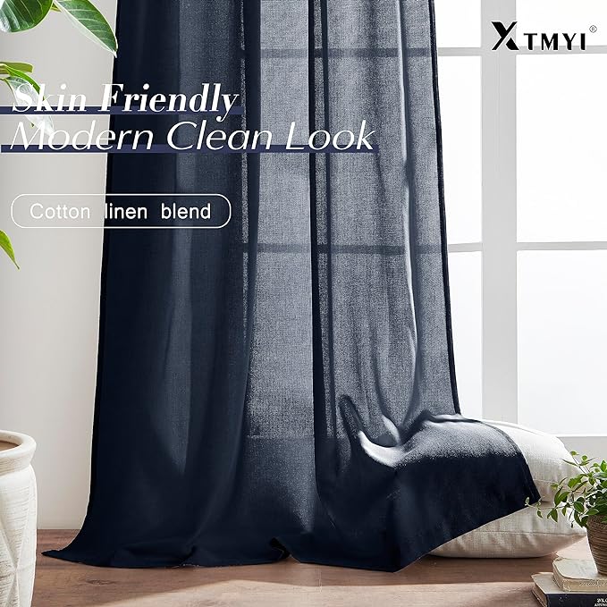 XTMYI Navy Blue Short Length Curtains for Windows,Linen Sheer Cutains for Bedroom Kitchen,45 Inch Long
