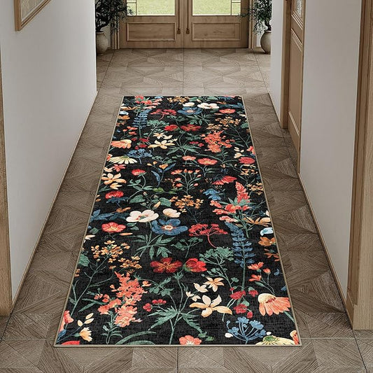 Floral Runner Rug 2x6 Washable Hallway Long Black Bedroom Carpet Non Slip Indoor Boho Kitchen Low Pile Accent Rug Lightweight Soft for Bathroom Dining Laundry Living Room