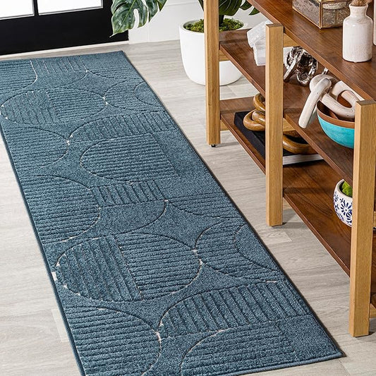 JONATHAN Y SCN104A-28 Nordby High-Low Geometric Arch Scandi Striped Indoor/Outdoor Runner Rug, Contemporary,Bohemian,Transitional for Bedroom,Kitchen,Living Room,Non Shedding,Easy-Washing, Blue,2 X 8