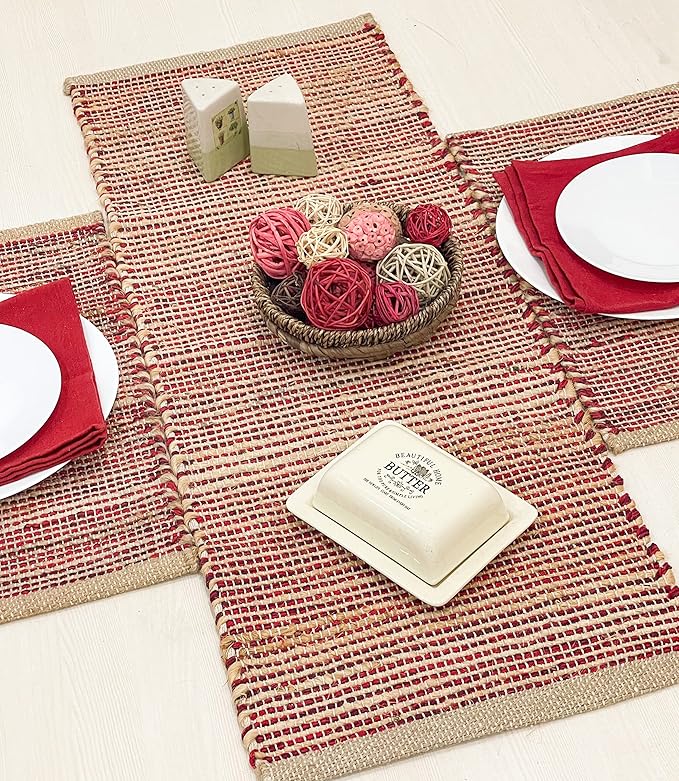 Chardin home Natural Jute Table Runner 13x36 Inch – Vintage Boho Rustic Table Decor – Handwoven Jute Table Runner in Natural and Red Charcoal – Farmhouse Dining or Console Table Accent