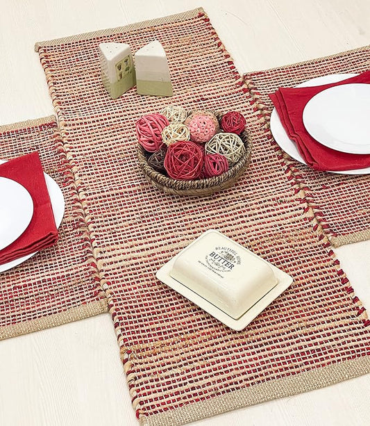 Chardin home Natural Jute Table Runner 13x36 Inch – Vintage Boho Rustic Table Decor – Handwoven Jute Table Runner in Natural and Red Charcoal – Farmhouse Dining or Console Table Accent